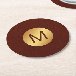 Elegante Imitats Red Leather & Gold Monogram Initi Runder Pappuntersetzer