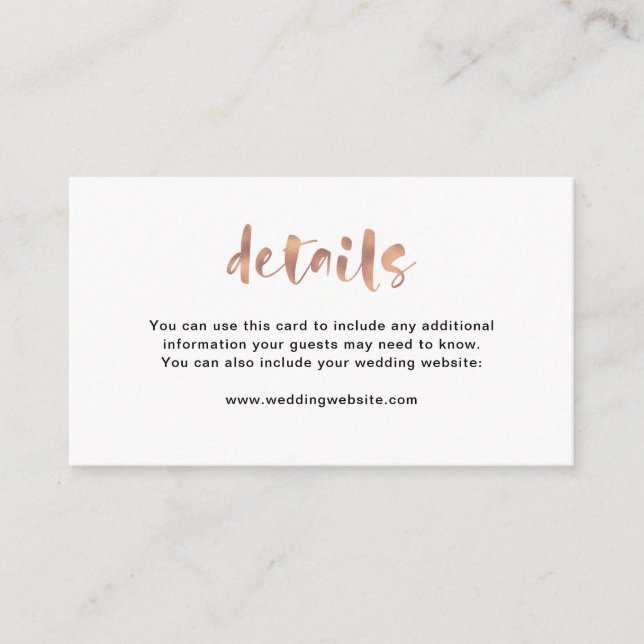 Elegante Imitats Rose Gold | Angaben zur Hochzeit Begleitkarte (Vorderseite)
