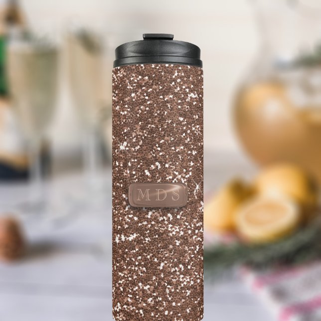 Elegante Imitats Rose Gold Glitzer Mit Monogramm Thermosbecher (A faux rose glitter thermal tumbler with space for your initials. Sparkles without the messy fingers)