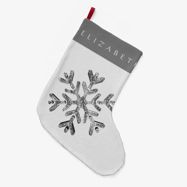 Elegante Imitats Silver Gray Snowflake mit Name Großer Weihnachtsstrumpf (Vorderansicht (hängend))