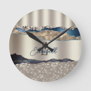 Elegante Indigo-Blau-Achat-Pailletten Runde Wanduhr
