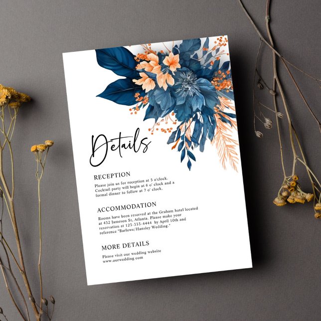 Elegante Indigo Rust Blumenzettel Begleitkarte (Elegant Indigo Rust Floral Wedding Details Enclosure Card)