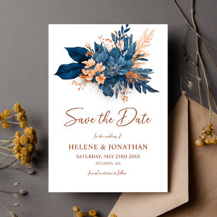 Elegante Indigo Rust Floral Watercolor Hochzeit Save The Date