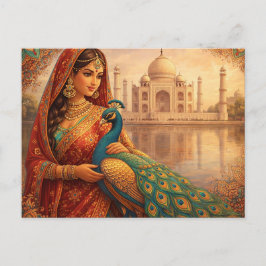 Elegante indische Frau mit prachtvollem Pfau Postkarte