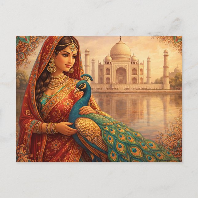 Elegante indische Frau mit prachtvollem Pfau Postkarte (Vorderseite)