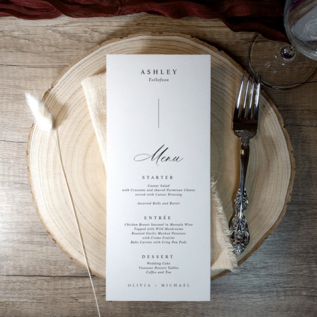 Elegante individuelle Gästebamen auf jeder Hochzei Menükarte (Elegant wedding menus with guest names printed on each one at the top in minimalist modern style.)