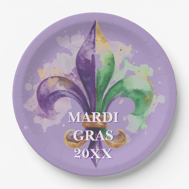 Elegante individuelle Mardi-Gras-Farben Pappteller (Vorderseite)