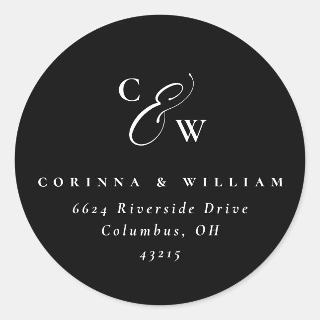 Elegante Initialen einfache Schwarz-Weiß-Hochzeit  Runder Aufkleber (Vorderseite)