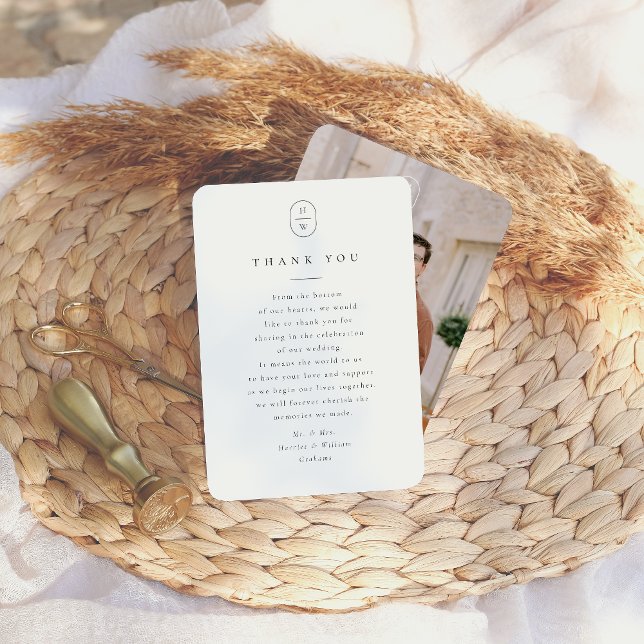 Elegante Initials Black & White Foto Hochzeit Dankeskarte (Card Front & Back Mock-up)