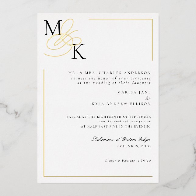 Elegante Initials Classic Wedding Foil Einladung (Vorderseite)