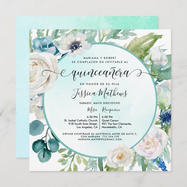 Elegante Invitación de Quinceañera Aqua Turquesa I Einladung (Vorne/Hinten)