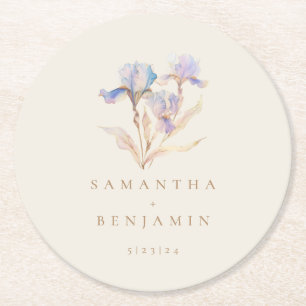 Elegante Iris-Aquarell-Hochzeit Runder Pappuntersetzer