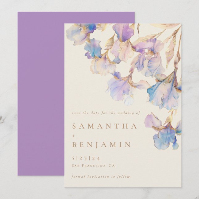 Elegante Iris-Blumenhochzeit Save The Date (Vorne/Hinten)