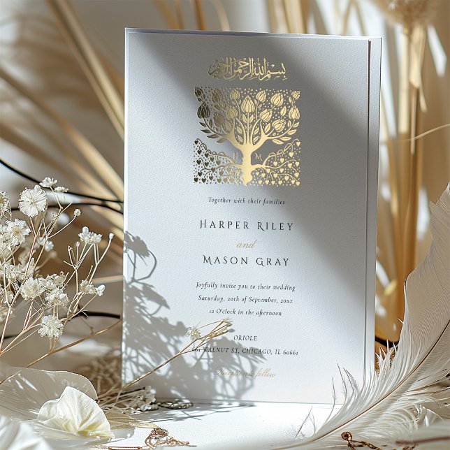 Elegante Islamische Beige Elfenbeinbaum-Liebe Hoch Folieneinladung (Von Creator hochgeladen)