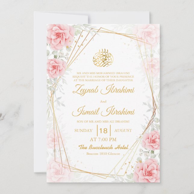 Elegante islamische Hochzeit mit Floral Gold Einladung (Vorderseite)