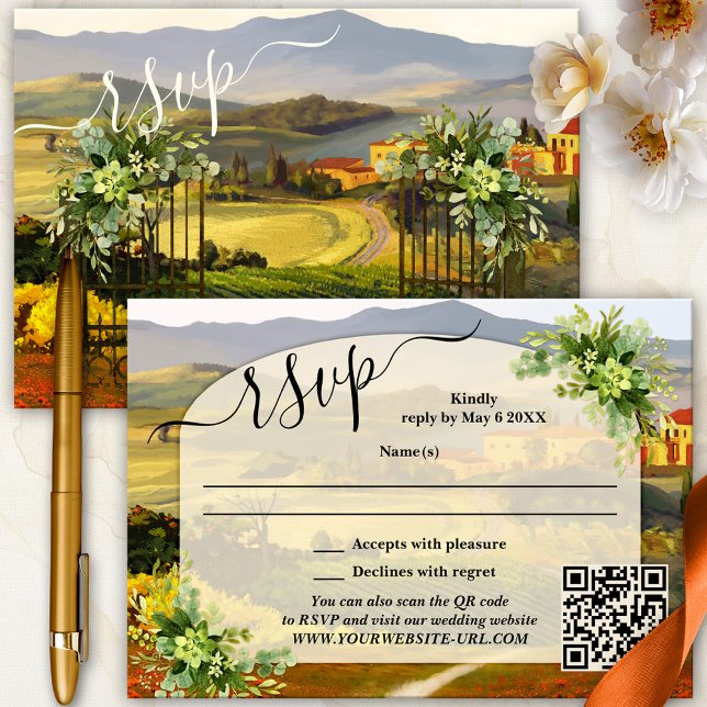 Elegante italienische Country Wedding RSVP Card Einladung (Elegant wedding RSVP card featuring a fine art painting of an Italian Tuscan landscape with script)