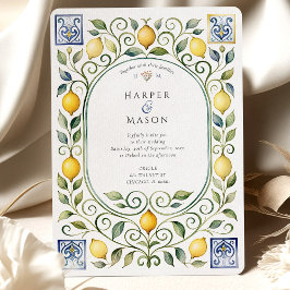 Elegante italienische Zitronen- und blaue Fliesen- Einladung