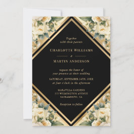 Elegante Ivory Black Gold Geometric Floral Wedding Einladung