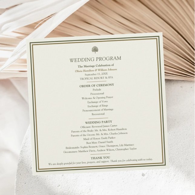 Elegante Ivory Gold Tropical Palm Wedding Programm (Elegant square wedding program with modern minimalist design for timeless celebrations.)