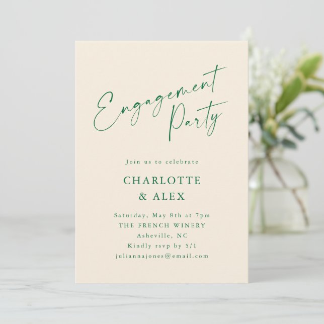 Elegante Ivory Green Calligraphy Engagement Party Einladung (Stehend Vorderseite)