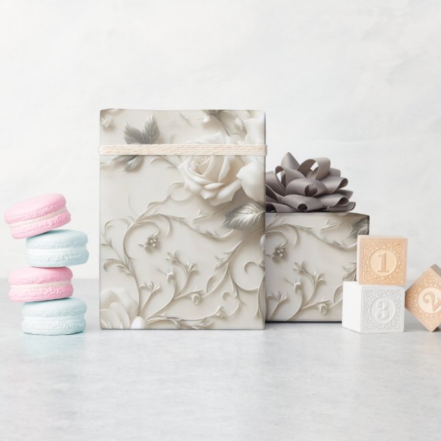 Elegante Ivory-Rose mit Silver Floral Design Geschenkpapier (Babyparty)