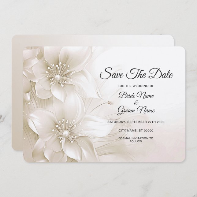 Elegante Ivory White Blume Save the Date (Vorne/Hinten)