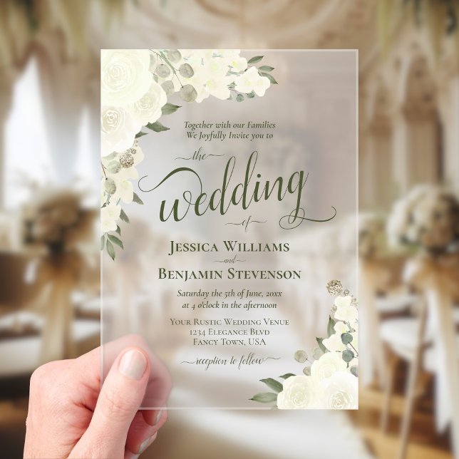 Elegante Ivory White Boho Chic Rose Extravagant Ho Acryleinladungen (Frosted Acrylic with Rectangle Cut)