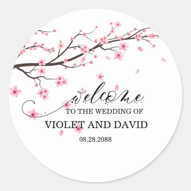 Elegante japanische Cherry Blossom Wedding Runder Aufkleber (Vorderseite)