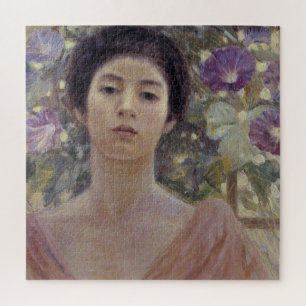 Elegante japanische Dame mit Prunkwindenblumen Puzzle