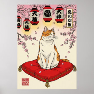 Elegante japanische Katzenkunst rote Kissen-Kirsch Poster