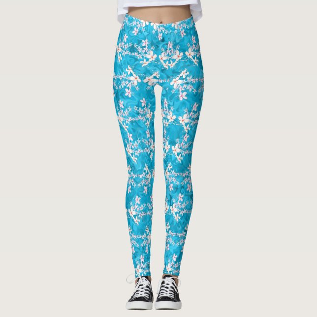 Elegante japanische Sakura-Blume auf blauem Muster Leggings (Vorderseite)