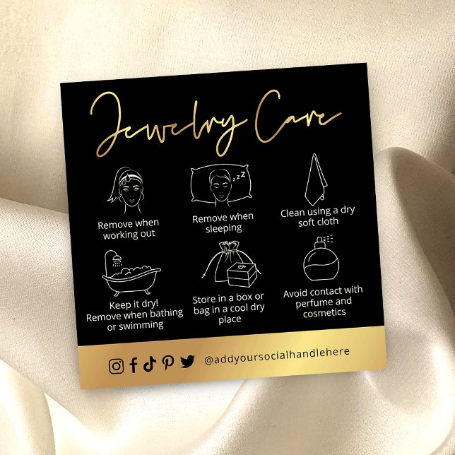 Elegante Jewelry Care Guide Black & Gold Logo Card Quadratische Visitenkarte (Von Creator hochgeladen)