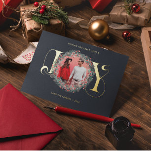 Elegante JOY Weihnachtskranz Blätter Beeren Foto  Folien Feiertagskarte
