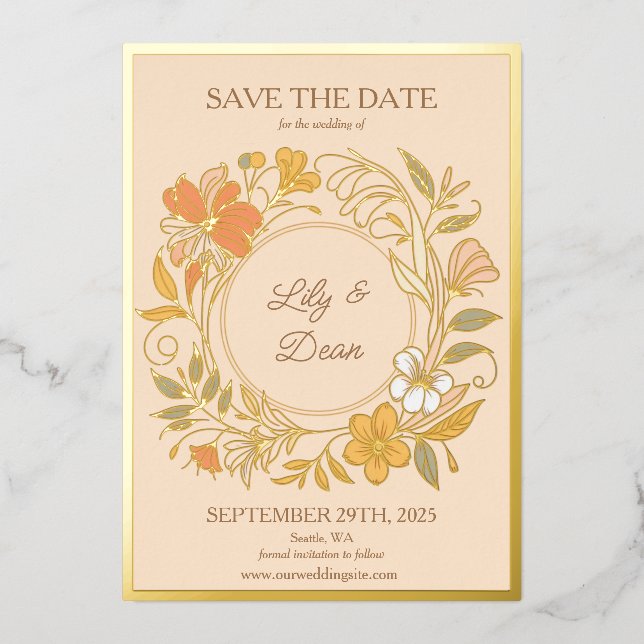 Elegante Jugendstil Blumenstrauß Save the Date Kar Folieneinladung (Vorderseite)