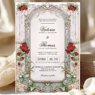Elegante Jugendstil Burgund Blumenhochzeit Einladung