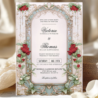 Elegante Jugendstil Burgund Blumenhochzeit Einladung