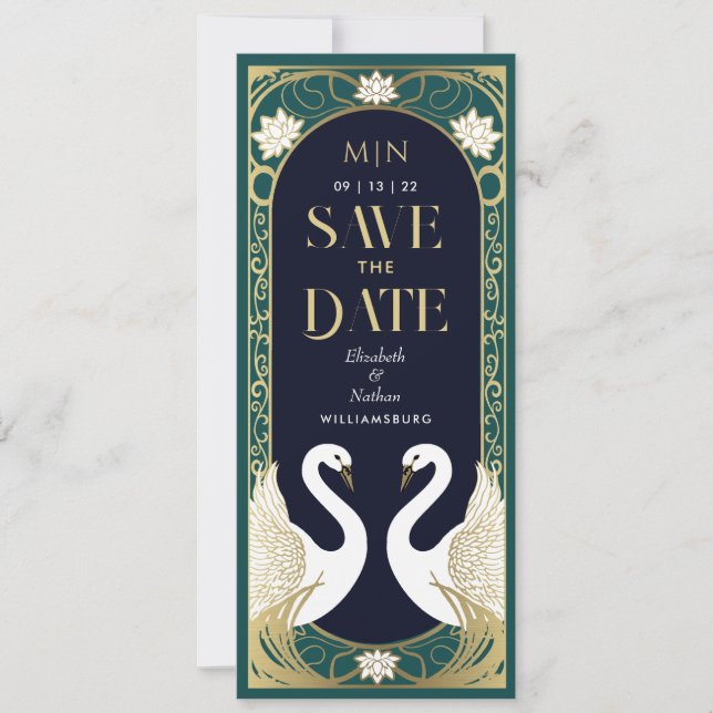 Elegante Jugendstil-Schwäne Save the Date Einladung (Vorderseite)