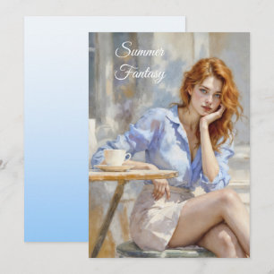 Elegante junge Dame in Blau und Weiß in einem Café Einladung