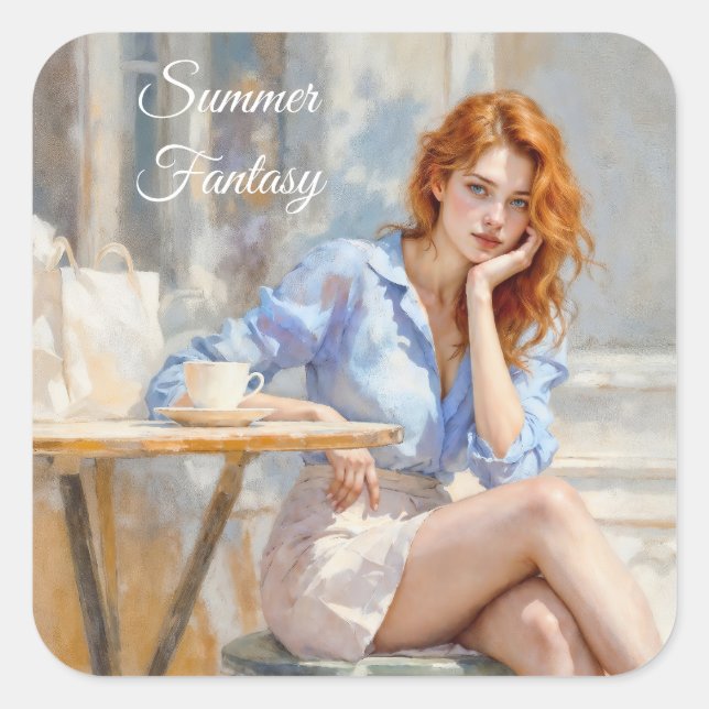 Elegante junge Dame in Blau und Weiß in einem Café Quadratischer Aufkleber (Vorderseite)