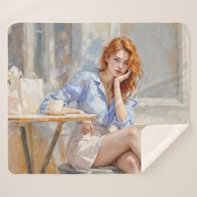 Elegante junge Dame in Blau und Weiß in einem Café Sherpadecke (Vorderseite (Horizontal))