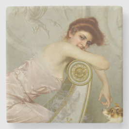 Elegante junge Lady, die ihren Welpen streichelt Steinuntersetzer