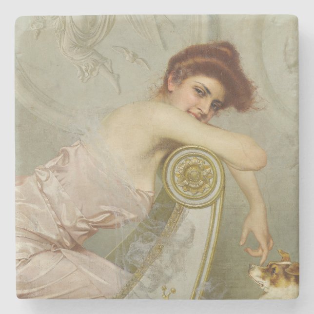 Elegante junge Lady, die ihren Welpen streichelt Steinuntersetzer (Vorderseite)