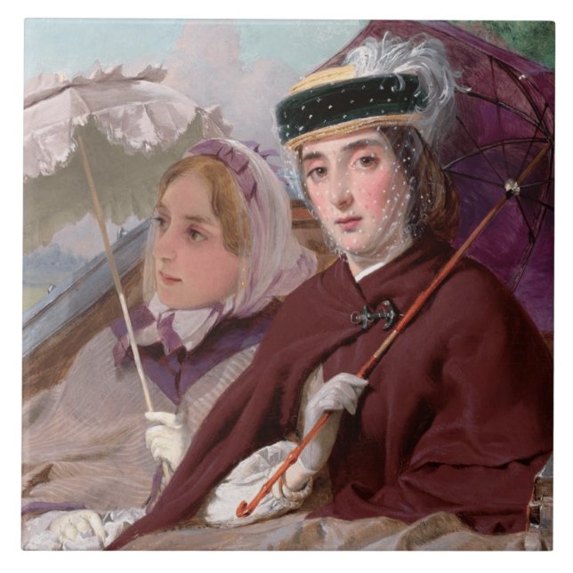 Elegante junge Ladys, die in einer Beförderung rei Fliese (Vorderseite)