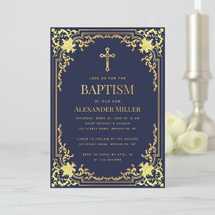 Elegante Jungen-Taufe Navy Blau Faux Gold Vintage Einladung