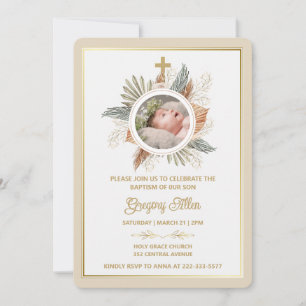 Elegante Jungen-Taufeinladung mit Grün und Kreuz F Einladung