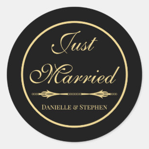 Elegante Just Married Black Gold Minimalistische H Runder Aufkleber