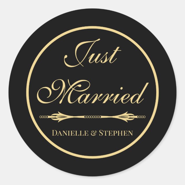 Elegante Just Married Black Gold Minimalistische H Runder Aufkleber (Vorderseite)