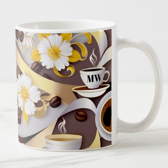Elegante, kaffee gelbe Blumen & Bänder & Initialen Kaffeetasse (Von Creator hochgeladen)
