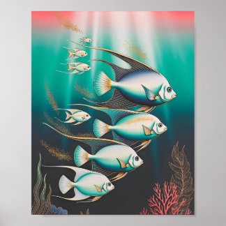 Elegante Kaiserfische schwimmen im tiefen Ozean Poster