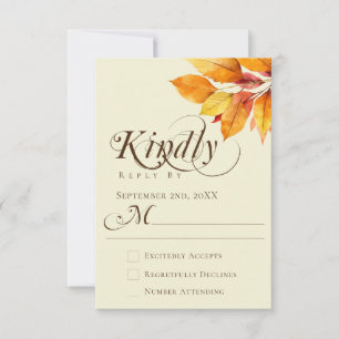 Elegante Kalligrafie-Aquarell-Herbstblätter-Hochze RSVP Karte